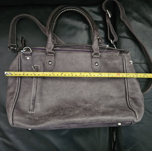 Roots 100% Leather Taupe Stainless Steel Hardware Gray Satchel Handbag Purse - Picture 15 of 16